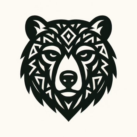 Black and white tribal style illustration of a bear head decorated with geometric ethnic patterns. Symbolic ornamental design representing strength, protection, and connection to nature.の素材