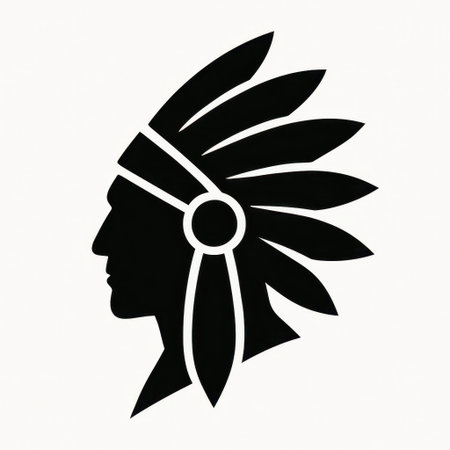 Black and white tribal style silhouette of a Native chief in profile view wearing a traditional feathered headdress. Minimalist ornamental design representing leadership and heritage.の素材