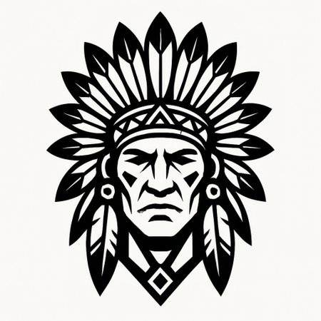 Black and white tribal style illustration of a Native chief with a large feather crown and symbolic ornaments. Ornamental design representing wisdom, tradition, and cultural heritage.の素材