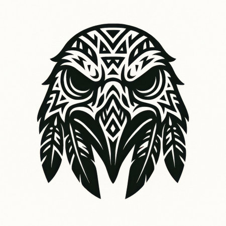 Black and white tribal style illustration of an eagle head decorated with geometric ethnic patterns and feathers. Symbolic ornamental design representing vision, power, and spirituality.の素材