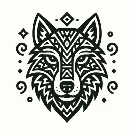 Black and white tribal style illustration of a wolf head decorated with geometric ethnic patterns and ornamental symbols. Spiritual and symbolic design representing strength, wisdom, and wilderness.の素材