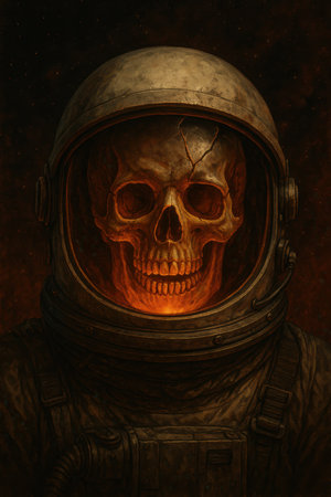 Creepy skull inside a worn astronaut helmet glowing with eerie orange light, set against a dark cosmic background. Perfect for sci fi horror, Halloween art, or space mystery illustration.の素材