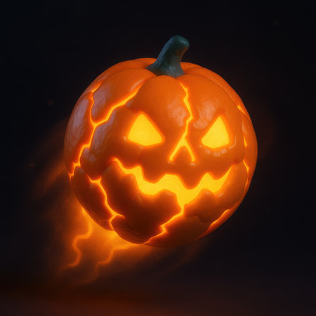 3D render of a glowing Halloween pumpkin with fiery cracks and sinister expression, floating in darkness with bright orange light and smoky energy trail.の素材