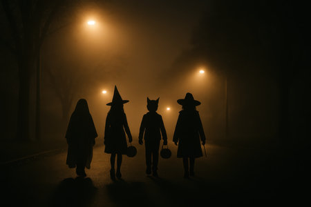 Silhouettes of children dressed as witches and ghost walking down a misty street under street lamps at night, carrying pumpkin buckets for trick or treating. Atmospheric Halloween evening scene.の素材