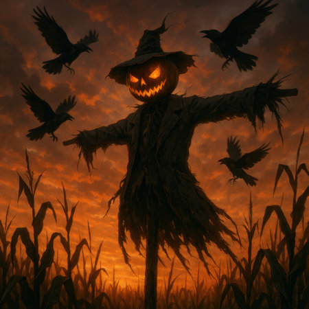 Creepy scarecrow with a glowing jack-o-lantern head standing in a cornfield at dusk, surrounded by flying crows. Dramatic orange sky adds eerie Halloween atmosphere.の素材