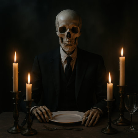 Grim skeleton dressed in a black suit sitting at a table with empty plate surrounded by burning candles. Dark eerie still life symbolizing death, Halloween, or gothic horror theme.の素材