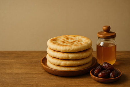 Stack of freshly baked flatbreads served with a small bowl of dates and a jar of honey on a wooden table, representing traditional Middle Eastern food and hospitality.の素材