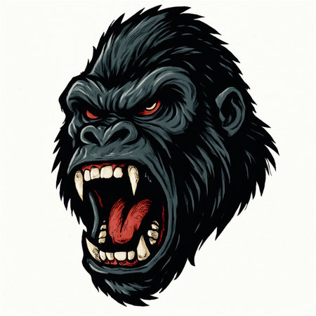 Aggressive gorilla head artwork with sharp fangs, red eyes and open mouth roaring. Dark detailed fur and intense expression, ideal for mascot, tattoo or streetwear graphic design.の素材