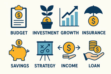 Modern flat style illustration showing financial icons including budget, investment, growth, insurance, savings, strategy, income, and loan. Colorful business concept design for infographics, apps, and presentations.の素材