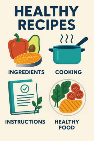 Illustrated infographic about healthy recipes featuring icons of fresh ingredients, cooking pot, recipe book, and balanced meals. Perfect for nutrition guides, food blogs, recipe apps, and wellness campaigns.の素材