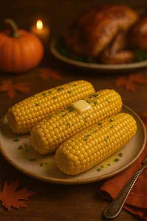 Close-up of three ears of corn on the cob topped with melting butter and sprinkled with herbs, served on a rustic plate with warm autumn lighting and a festive Thanksgiving atmosphere.の素材
