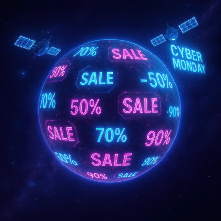 Glowing neon planet covered with sale percentages and discount signs, orbited by satellites broadcasting Cyber Monday deals. Futuristic concept of global e-commerce and digital shopping promotions.の写真素材