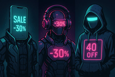 Futuristic cyber characters with glowing digital discounts on their suits. Stylized neon...