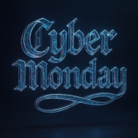 Transparent glass Cyber Monday lettering with embedded circuit patterns glowing softly in blue light. Futuristic mix of elegance and technology representing online sales and digital promotions.の写真素材