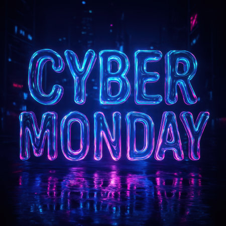 Futuristic Cyber Monday text in bright neon pink and blue glowing letters on wet reflective street background. Modern cyberpunk city mood with luminous reflections and vibrant atmosphere.の写真素材