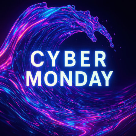 Bright Cyber Monday text in front of a glowing wave of liquid light in blue and pink tones. Futuristic dynamic design with fluid motion and vibrant reflections. Perfect for digital sales and promotions.の写真素材