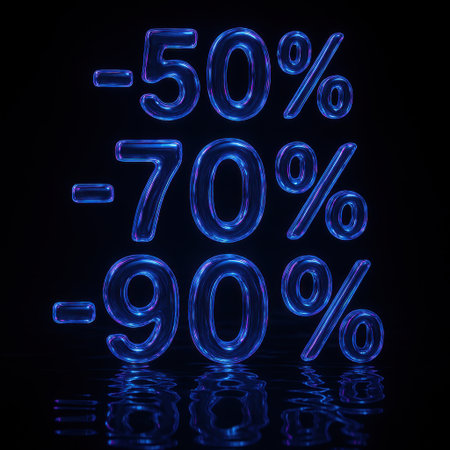 Glowing neon percentages 50, 70, 90 floating on dark reflective surface. Futuristic luminous design in blue and violet tones representing big sales and discounts. Perfect for Cyber Monday promotions.の写真素材