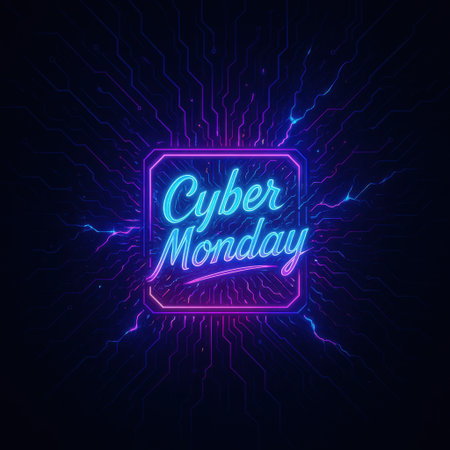 Bright neon Cyber Monday text glowing inside a square frame with electric light effects and circuit background. Futuristic tech aesthetic in blue and purple tones. Perfect for online sale promotions.の写真素材