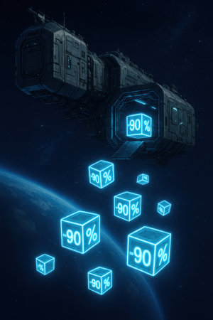 Futuristic spaceship in orbit releasing glowing blue holographic cubes with minus ninety percent signs. Sci-fi style illustration symbolizing massive discounts and digital shopping deals in space.の写真素材