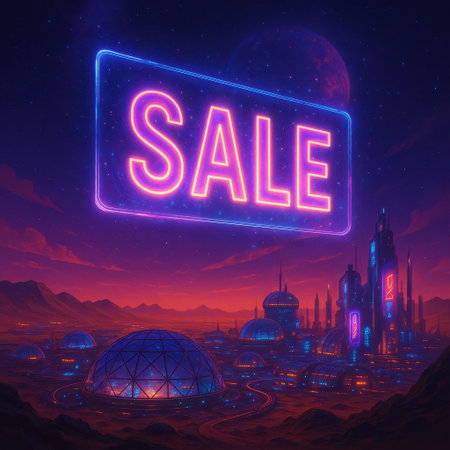 3D illustration of a glowing neon sign floating above a futuristic city with domed buildings under a starry sky. Sci-fi atmosphere with purple and orange lighting.の写真素材