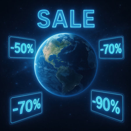Earth floating in outer space surrounded by glowing neon discount signs with sale percentages. Futuristic concept of worldwide online shopping event. Blue light aesthetic and cosmic atmosphere.の写真素材