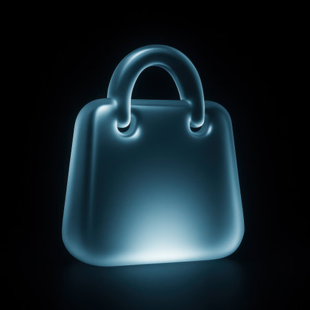 Minimal futuristic illustration of a glowing shopping bag made of translucent material on dark background. Modern digital design symbolizing online shopping and cyber sales.の写真素材