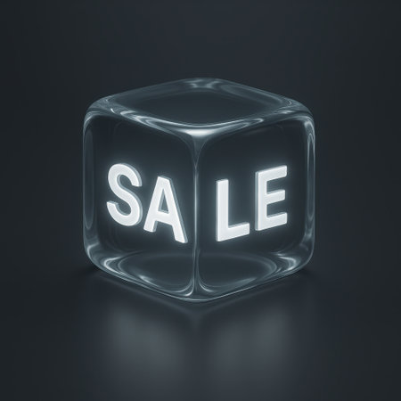 Minimalistic 3D render of a transparent glass cube featuring glowing white sale letters inside. Futuristic clean design symbolizing modern digital marketing and online shopping.の写真素材