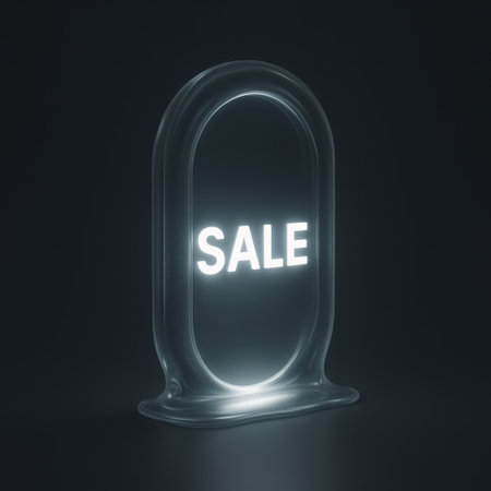 3D illustration of a glowing sale sign enclosed in a translucent capsule shaped frame. Minimal futuristic design symbolizing digital shopping and cyber promotions.の写真素材