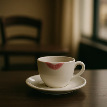 Close-up of a white coffee cup on a saucer with a red lipstick mark on the rim. Soft lighting and blurred background create a nostalgic and intimate atmosphere.の素材