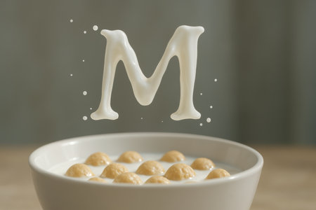 Letter M made of milk splashing above cereal bowlの素材