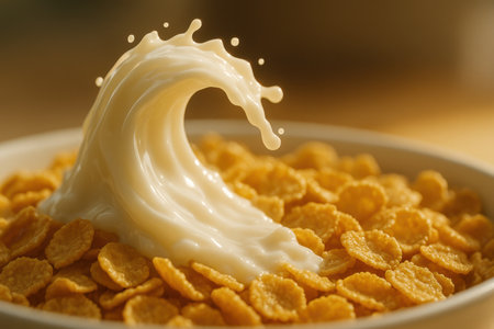 Milk wave splashing over cornflakes in bowlの素材