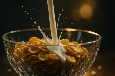 Pouring milk on golden cerealの素材