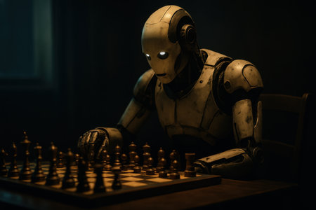 Robot playing chess in dimly lit roomの素材