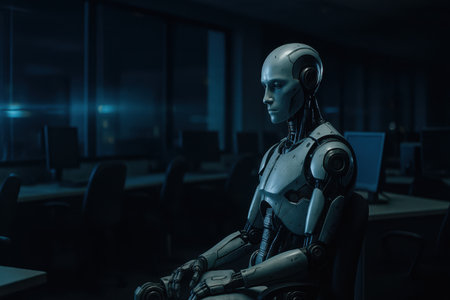 Robot sitting alone in dark office at nightの素材