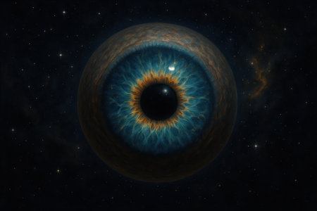 Surreal cosmic scene of a giant eye floating in outer space. The iris glows with blue and amber tones, resembling a planet or nebula. Symbol of cosmic awareness and universal observation.の素材