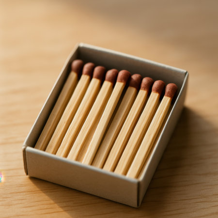 Macro photo of wooden matches neatly arranged in a small box on a wooden surface Natural light and warm tones create minimalistic compositionの素材