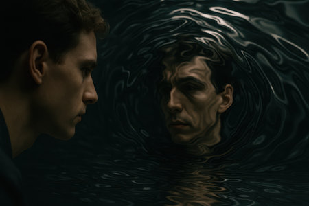 Conceptual portrait of a man gazing at his distorted reflection in dark liquid. Surreal artistic composition exploring self-perception and identity. Moody cinematic lighting and deep emotional atmosphere.の素材