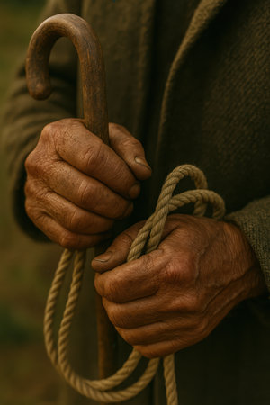 Close-up of weathered hands holding a wooden staff and rope. Symbol of endurance, tradition, and connection to the land.の素材