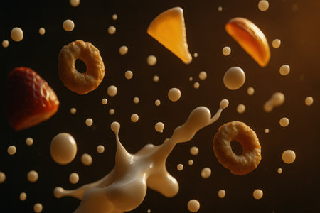 Dynamic breakfast composition with cereal rings, strawberries, and milk droplets frozen in midair. Rich warm lighting emphasizes motion and texture, creating an energetic and appetizing visual. Perfect concept for healthy morning, dairy, and lifestyle themes.の素材