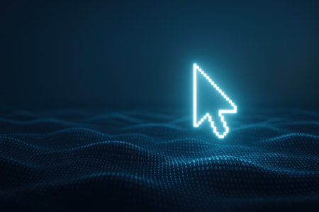 Bright glowing cursor over digital waves with binary pattern and neon lightの写真素材