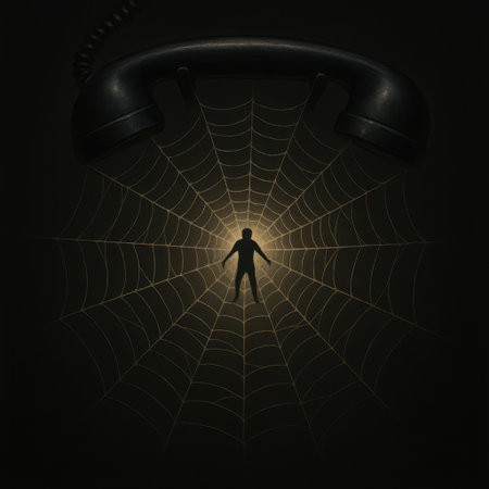 Silhouette of person trapped in glowing web under vintage phone symbolizing connection trapの写真素材