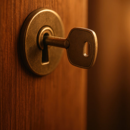 Classic metal key inserted in wooden door lock with warm lightの写真素材