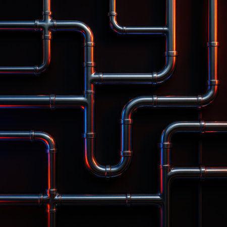 Glossy metal pipes arranged on dark surface with dramatic reflections.の写真素材