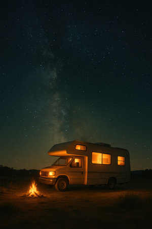 RV parked near campfire under night sky with bright stars. Warm interior light and peaceful mood.の写真素材