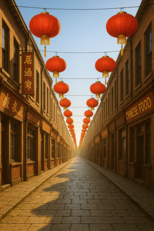 Street lined with red lanterns between brick buildings under warm morning light.の写真素材