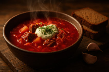 Close up of hot borscht soup with meat vegetables dill and sour cream in a rustic bowl with warm lightingの写真素材