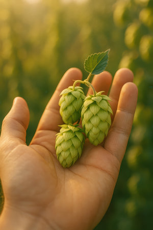 Green hop cones held in a hand with warm sunlight soft natural agricultural atmosphereの写真素材