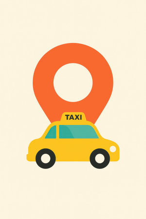 Minimal flat illustration of yellow taxi under large location pin clean urban transport conceptの写真素材