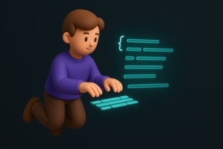 3d cartoon style character typing code with glowing digital interface elements.の写真素材