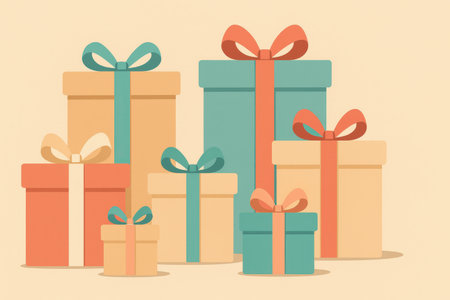 Colorful pastel gift boxes with ribbons arranged in simple flat illustration style.の写真素材
